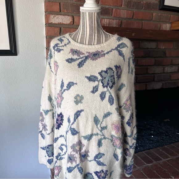 VTG Express Tricot 90s Angora Silk Floral Print Oversized Sweater Sz M - Picture 2 of 7